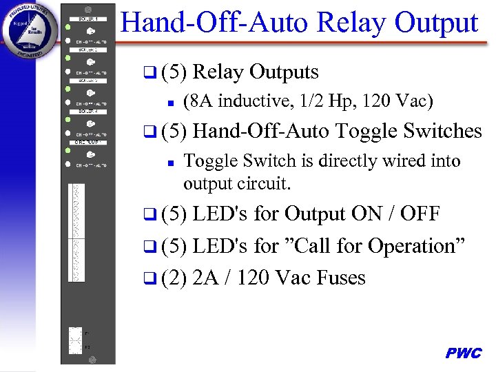 Hand-Off-Auto Relay Output q (5) n (8 A inductive, 1/2 Hp, 120 Vac) q