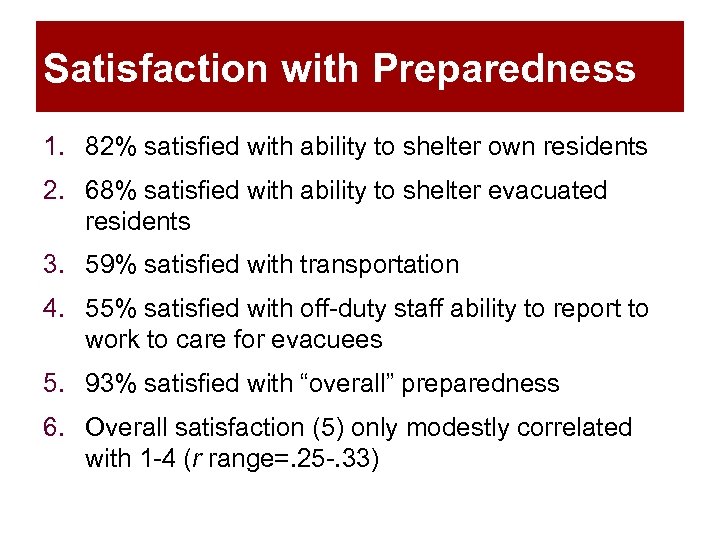 Satisfaction with Preparedness 1. 82% satisfied with ability to shelter own residents 2. 68%