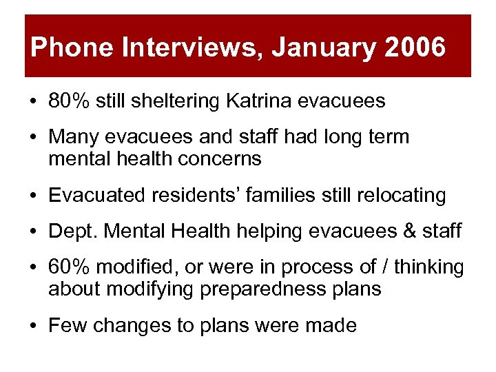 Phone Interviews, January 2006 • 80% still sheltering Katrina evacuees • Many evacuees and