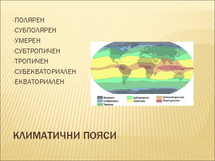  • ПОЛЯРЕН • СУБПОЛЯРЕН • УМЕРЕН • СУБТРОПИЧЕН • СУБЕКВАТОРИАЛЕН • ЕКВАТОРИАЛЕН КЛИМАТИЧНИ