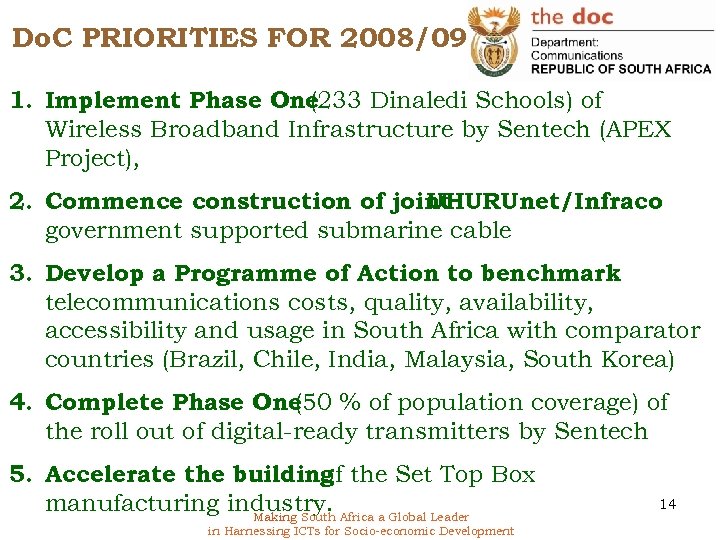 Do. C PRIORITIES FOR 2008/09 1. Implement Phase One (233 Dinaledi Schools) of Wireless