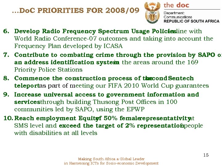 …Do. C PRIORITIES FOR 2008/09 6. Develop Radio Frequency Spectrum Usage Policiesline with in