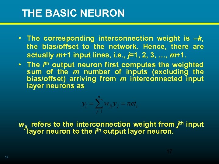  THE BASIC NEURON • The corresponding interconnection weight is –k, the bias/offset to