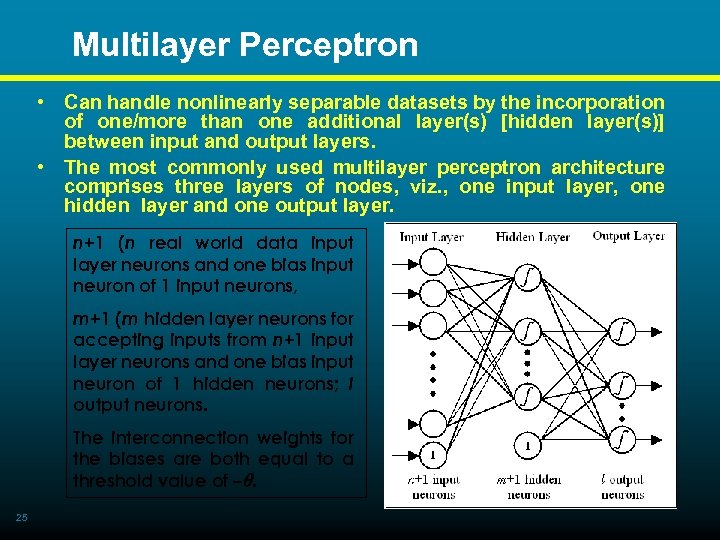  Multilayer Perceptron • Can handle nonlinearly separable datasets by the incorporation of one/more