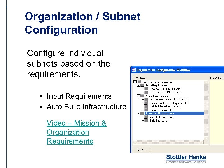 Organization / Subnet Configuration Configure individual subnets based on the requirements. • Input Requirements