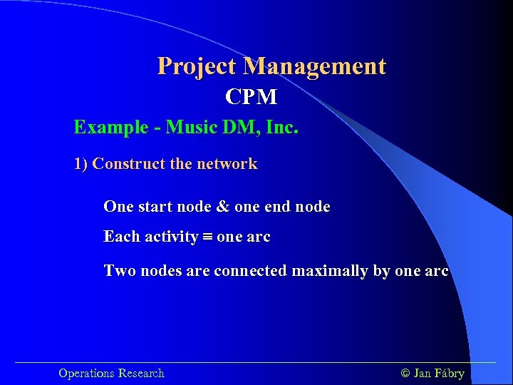 Project Management CPM Example - Music DM, Inc. 1) Construct the network One start