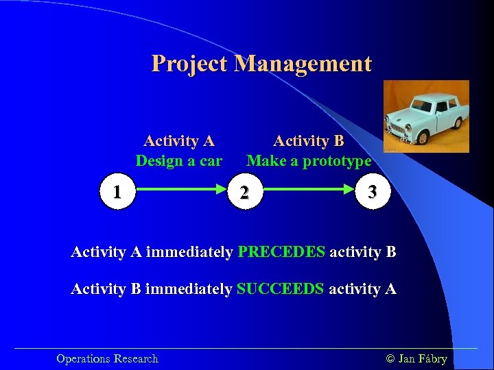 Project Management Activity A Design a car 1 Activity B Make a prototype 2