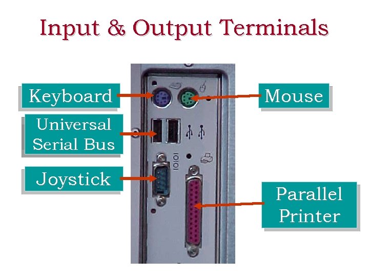 Input & Output Terminals Keyboard Mouse Universal USB us Serial B Joystick Parallel Printer