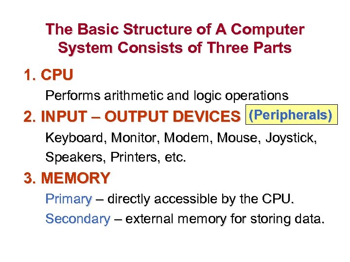 The Basic Structure of A Computer System Consists of Three Parts 1. CPU Performs
