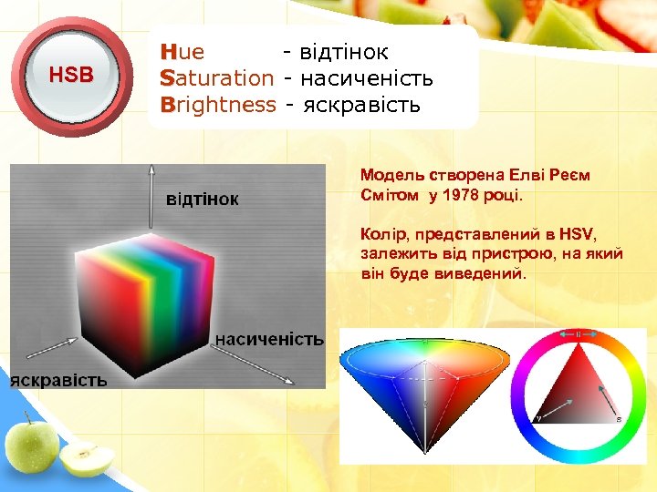 HSB Hue - відтінок Saturation - насиченість Brightness - яскравість Модель створена Елві Реєм