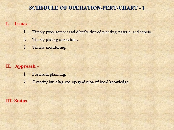 SCHEDULE OF OPERATION-PERT-CHART - 1 I. Issues – 1. Timely procurement and distribution of