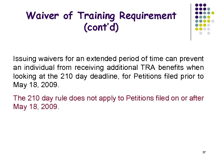 Waiver of Training Requirement (cont’d) Issuing waivers for an extended period of time can