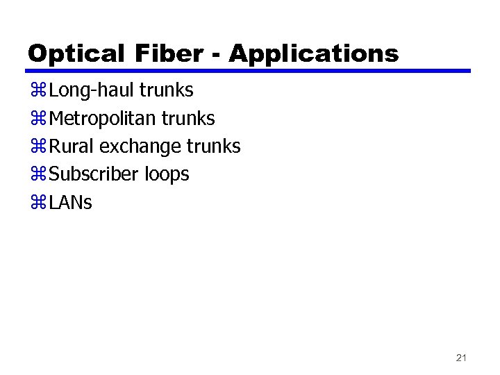 Optical Fiber - Applications z Long-haul trunks z Metropolitan trunks z Rural exchange trunks