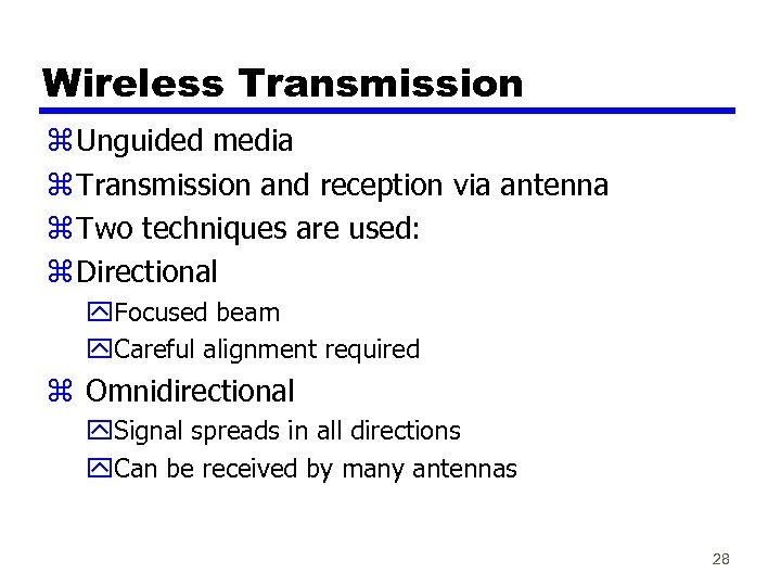 Wireless Transmission z Unguided media z Transmission and reception via antenna z Two techniques