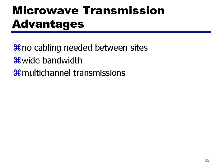 Microwave Transmission Advantages z no cabling needed between sites z wide bandwidth z multichannel