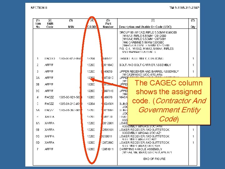 The CAGEC column shows the assigned code. (Contractor And Government Entity Code) 