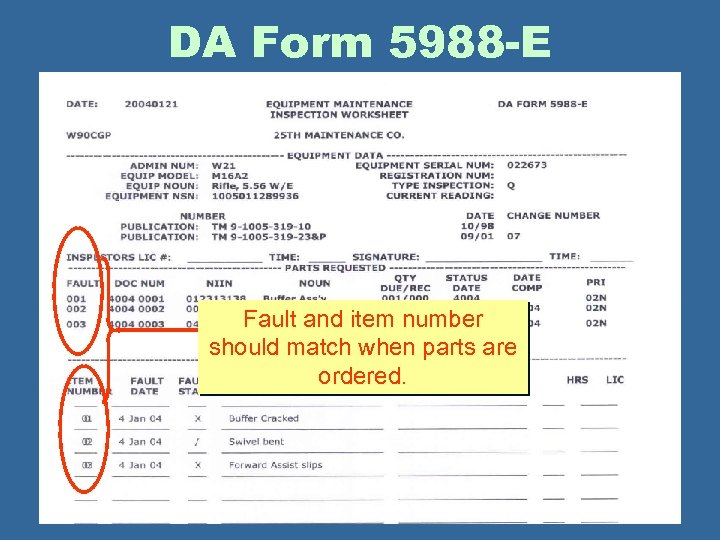 DA Form 5988 -E Fault and item number should match when parts are ordered.
