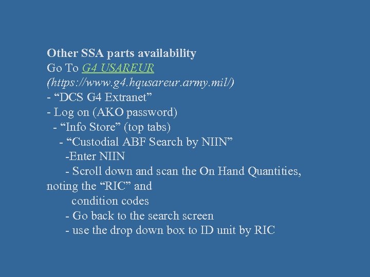 Other SSA parts availability Go To G 4 USAREUR (https: //www. g 4. hqusareur.