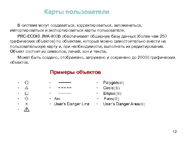 Карты пользователя В системе могут создаваться, корректироваться, запоминаться, импортироваться и экспортироваться карты пользователя. РЛС-ECDIS