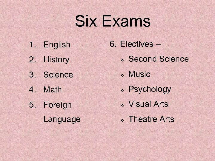 Six Exams 1. English 6. Electives – 2. History v Second Science 3. Science