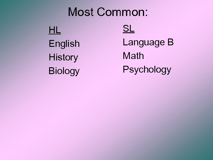 Most Common: HL English History Biology SL Language B Math Psychology 