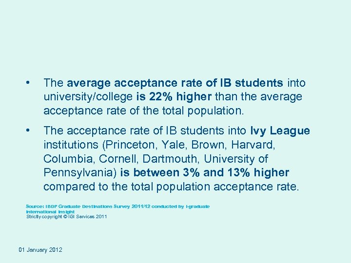  • The average acceptance rate of IB students into university/college is 22% higher