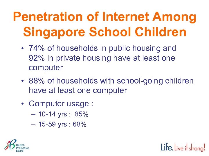 Penetration of Internet Among Singapore School Children • 74% of households in public housing