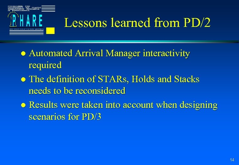 Lessons learned from PD/2 Automated Arrival Manager interactivity required l The definition of STARs,