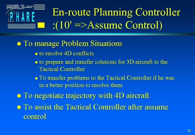 En-route Planning Controller : (10' =>Assume Control) l To manage Problem Situations to resolve