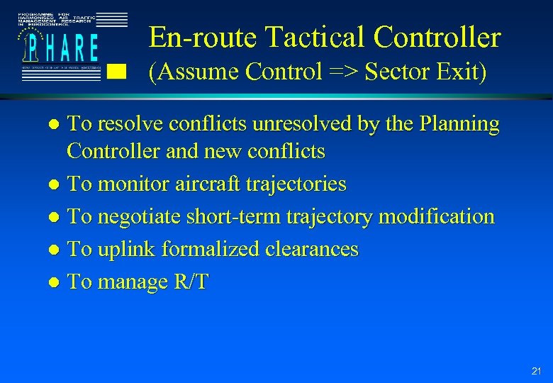 En-route Tactical Controller (Assume Control => Sector Exit) To resolve conflicts unresolved by the