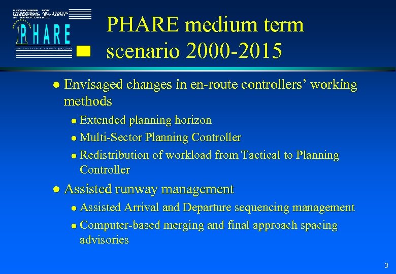 PHARE medium term scenario 2000 -2015 l Envisaged changes in en-route controllers’ working methods