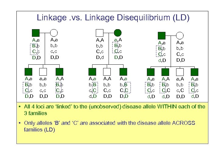 Linkage. vs. Linkage Disequilibrium (LD) A, a B, b C, c D, D a,