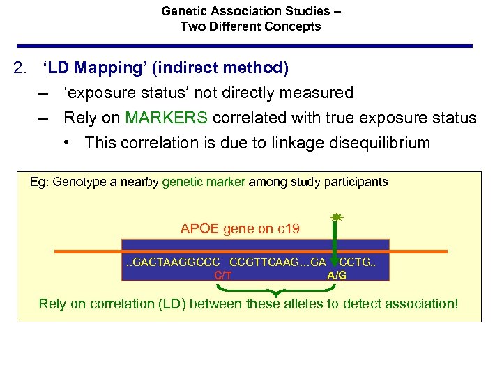 Genetic Association Studies – Two Different Concepts 2. ‘LD Mapping’ (indirect method) – ‘exposure