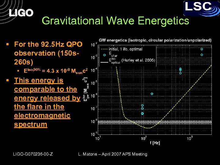 Gravitational Wave Energetics § For the 92. 5 Hz QPO observation (150 s 260