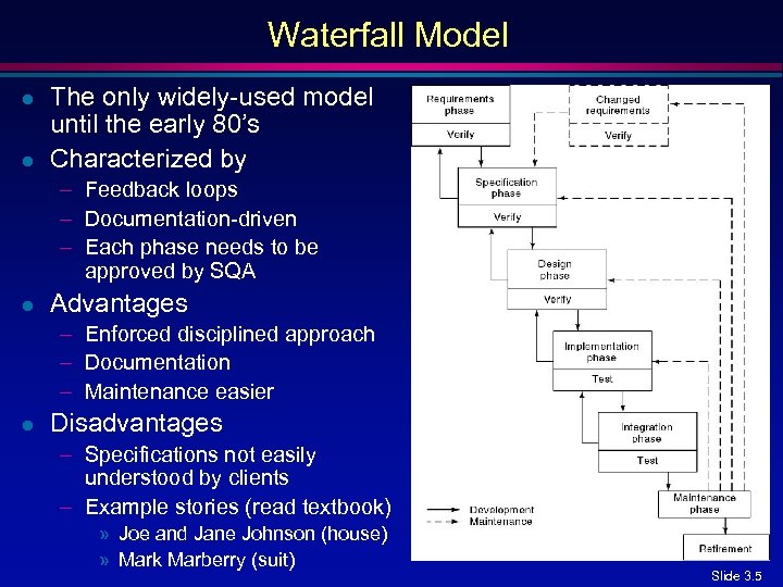 Waterfall Model l l The only widely-used model until the early 80’s Characterized by