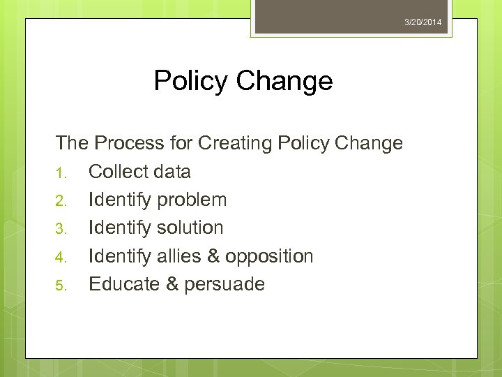 3/20/2014 Policy Change The Process for Creating Policy Change 1. Collect data 2. Identify