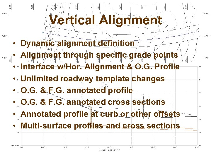 Vertical Alignment • • Dynamic alignment definition Alignment through specific grade points Interface w/Hor.