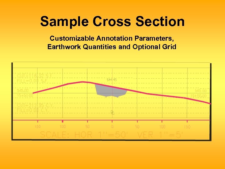 Sample Cross Section Customizable Annotation Parameters, Earthwork Quantities and Optional Grid 