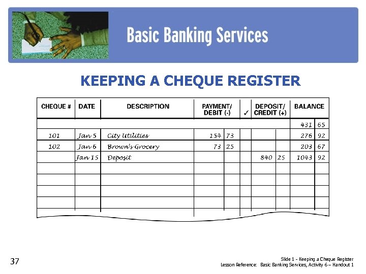 KEEPING A CHEQUE REGISTER 37 Slide 1 - Keeping a Cheque Register Lesson Reference: