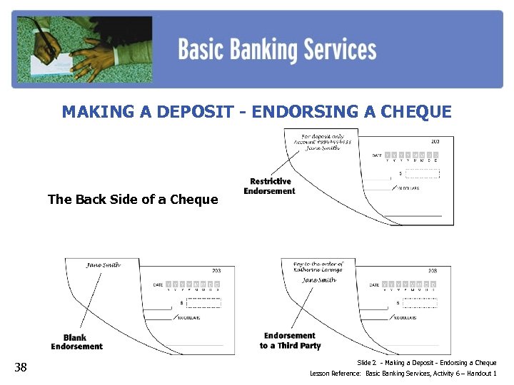 MAKING A DEPOSIT - ENDORSING A CHEQUE The Back Side of a Cheque 38