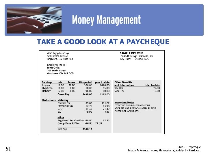 TAKE A GOOD LOOK AT A PAYCHEQUE 51 Slide 3 – Paycheque Lesson Reference: