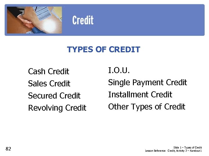 TYPES OF CREDIT Cash Credit Sales Credit Secured Credit Revolving Credit 82 I. O.