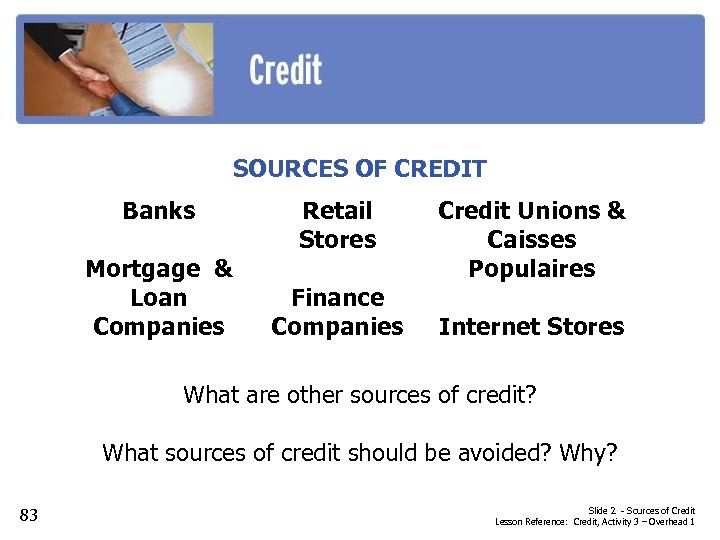 SOURCES OF CREDIT Banks Mortgage & Loan Companies Retail Stores Finance Companies Credit Unions