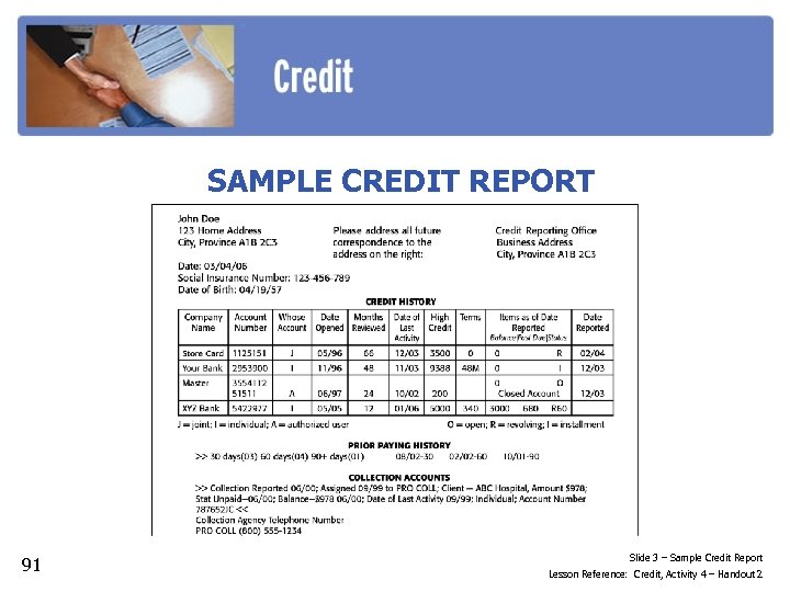 SAMPLE CREDIT REPORT 91 Slide 3 – Sample Credit Report Lesson Reference: Credit, Activity