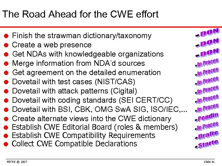 The Road Ahead for the CWE effort = Finish the strawman dictionary/taxonomy = Create