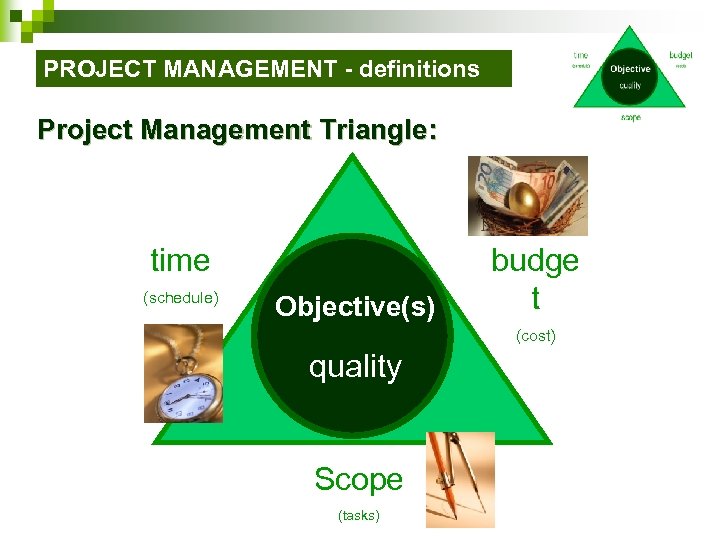 PROJECT MANAGEMENT - definitions Project Management Triangle: time (schedule) Objective(s) budge t (cost) quality