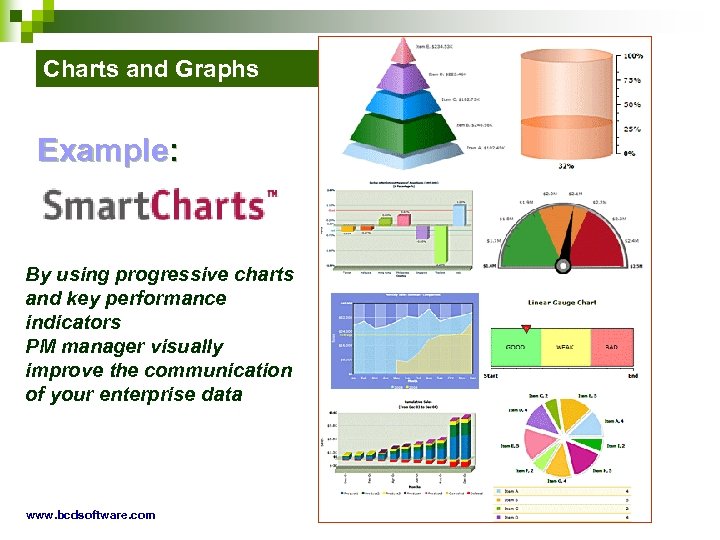 Charts and Graphs Example: By using progressive charts and key performance indicators PM manager