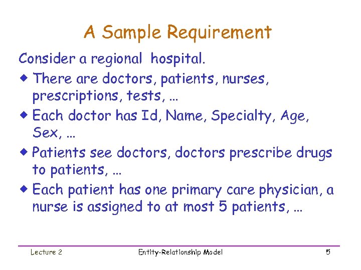 A Sample Requirement Consider a regional hospital. ® There are doctors, patients, nurses, prescriptions,