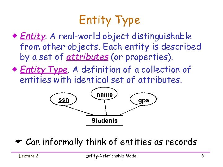 Entity Type ® Entity. A real-world object distinguishable from other objects. Each entity is
