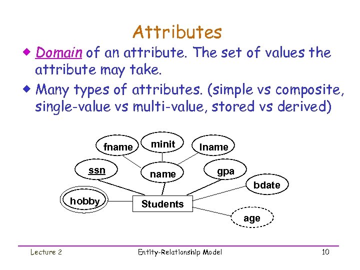Attributes ® Domain of an attribute. The set of values the attribute may take.
